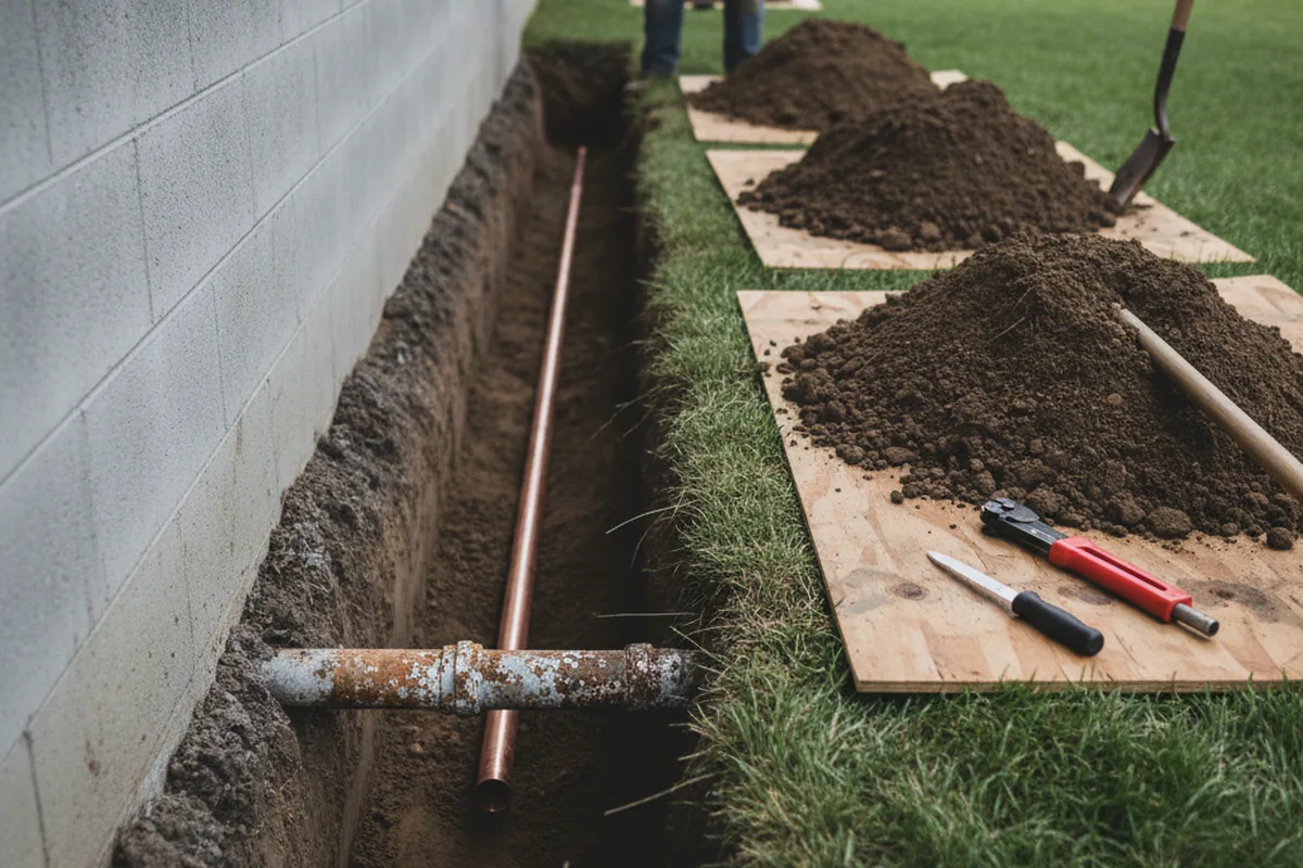 Excavated water line trench during Water Softener Installation in Clarendon Hills
